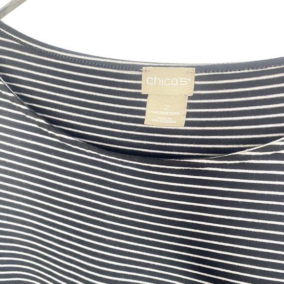 Chico's Size 2 (M) Black White Stripe Scoop Neck Short Sleeve Jersey Knit Dress - Picture 3 of 6